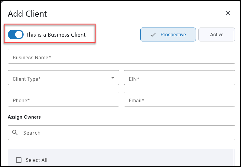 Add client window - business
